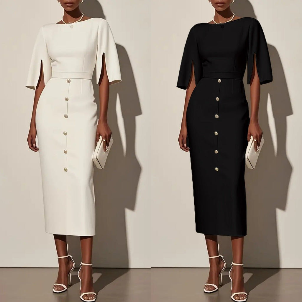Summer Solid - Color Crew - Neck Defined - Waist Dress With Slit And Buttons - LADYLINE X