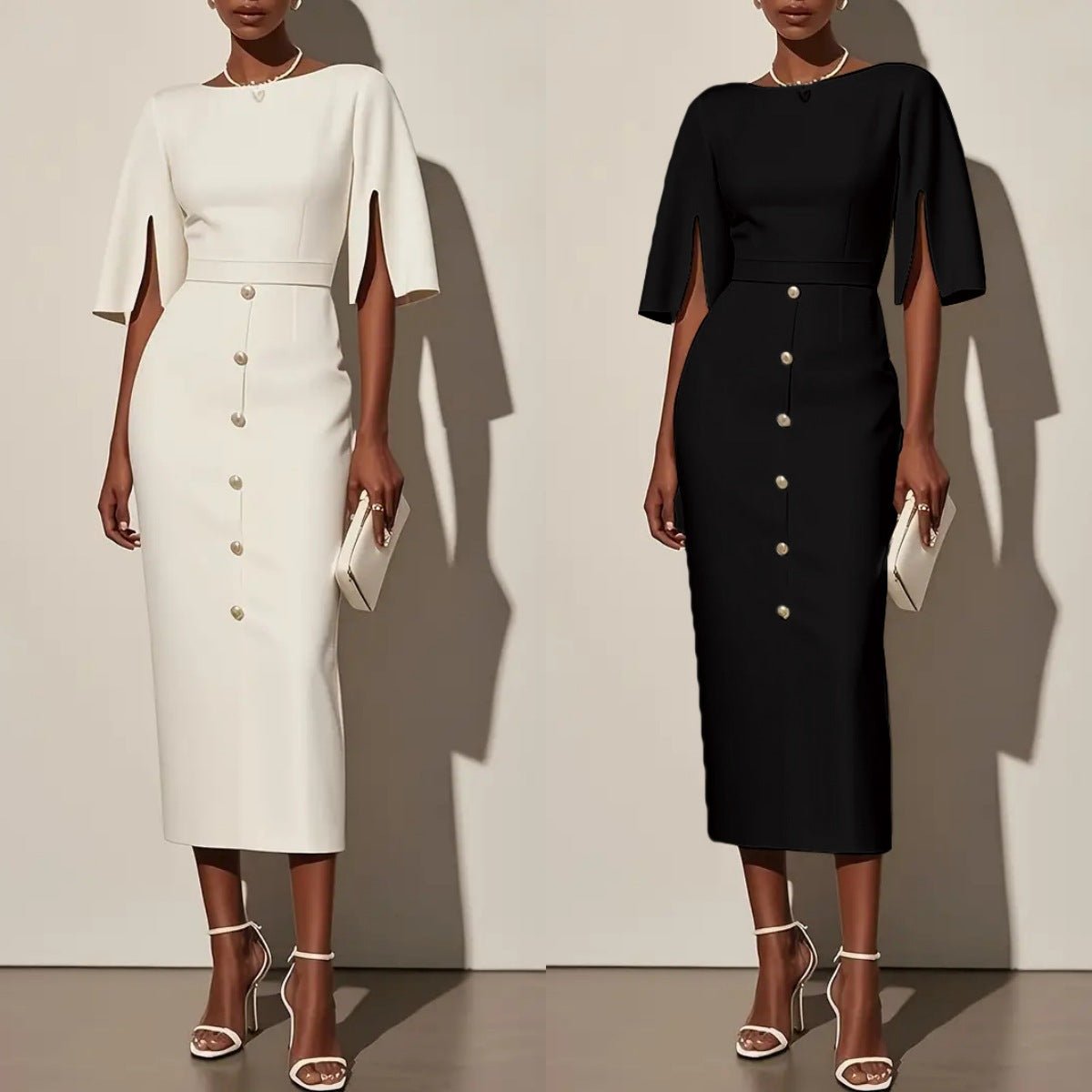Summer Solid - Color Crew - Neck Defined - Waist Dress With Slit And Buttons - LADYLINE X
