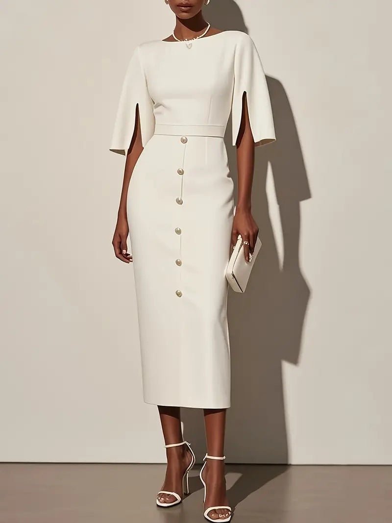 Summer Solid - Color Crew - Neck Defined - Waist Dress With Slit And Buttons - LADYLINE X