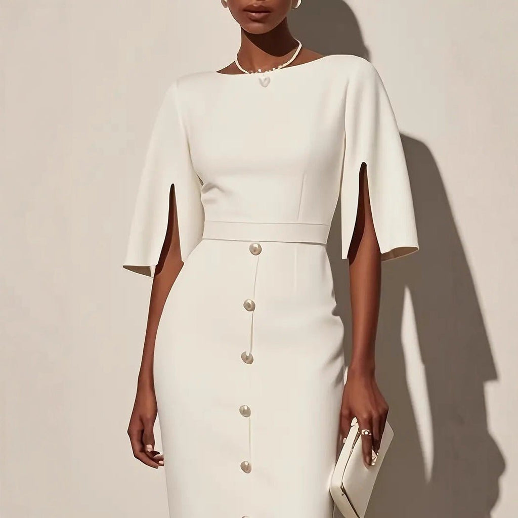 Summer Solid - Color Crew - Neck Defined - Waist Dress With Slit And Buttons - LADYLINE X