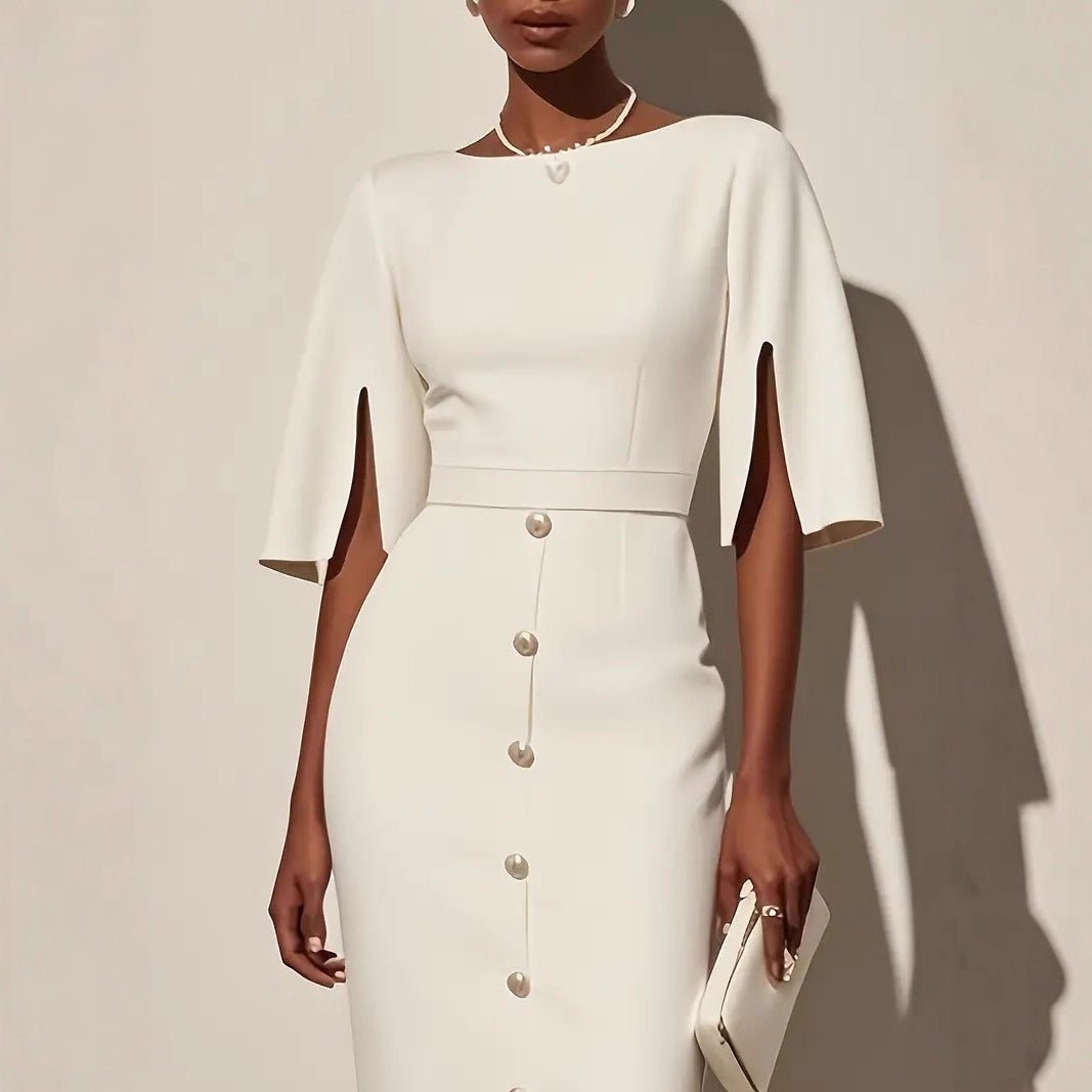 Summer Solid - Color Crew - Neck Defined - Waist Dress With Slit And Buttons - LADYLINE X