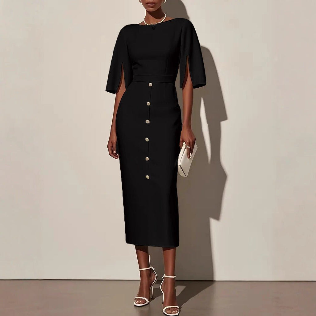 Summer Solid - Color Crew - Neck Defined - Waist Dress With Slit And Buttons - LADYLINE X