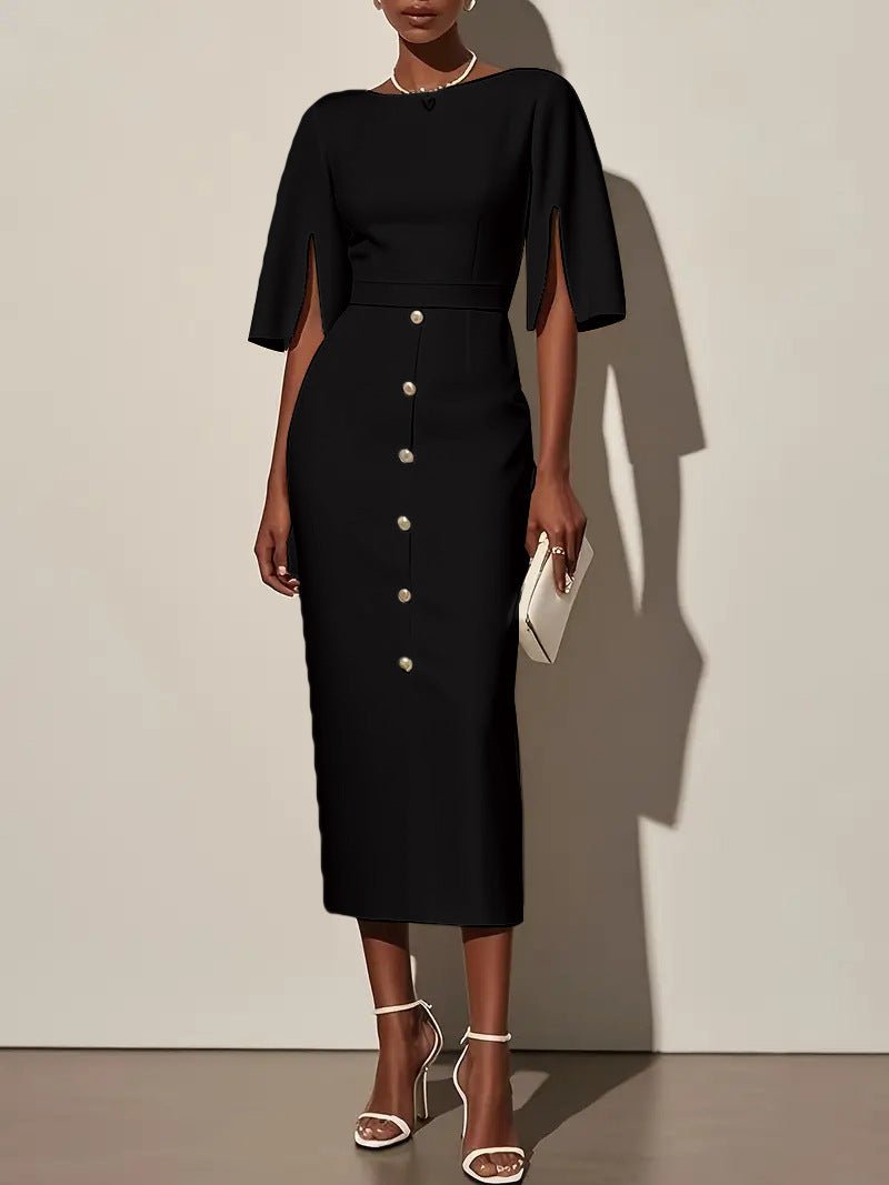 Summer Solid - Color Crew - Neck Defined - Waist Dress With Slit And Buttons - LADYLINE X