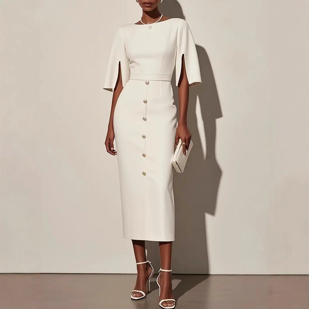 Summer Solid - Color Crew - Neck Defined - Waist Dress With Slit And Buttons - LADYLINE X