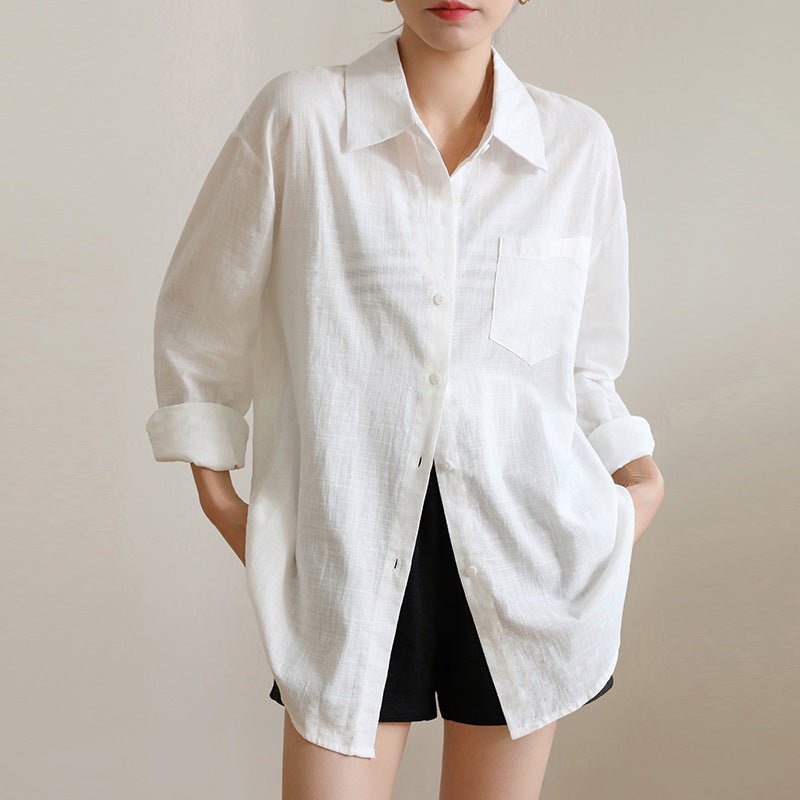 Sunscreen Cardigan Summer Thin Loose French - style Cotton - Linen White Shirt - LADYLINE X