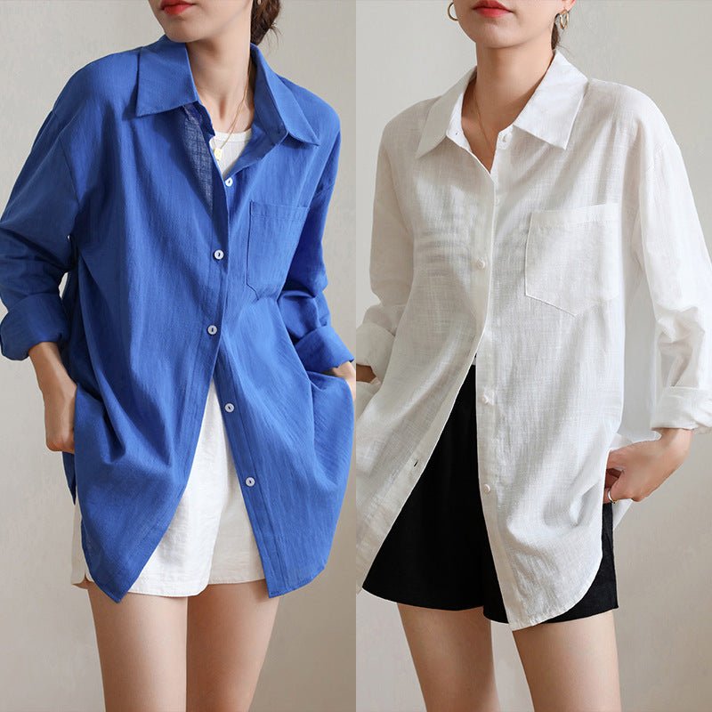 Sunscreen Cardigan Summer Thin Loose French - style Cotton - Linen White Shirt - LADYLINE X