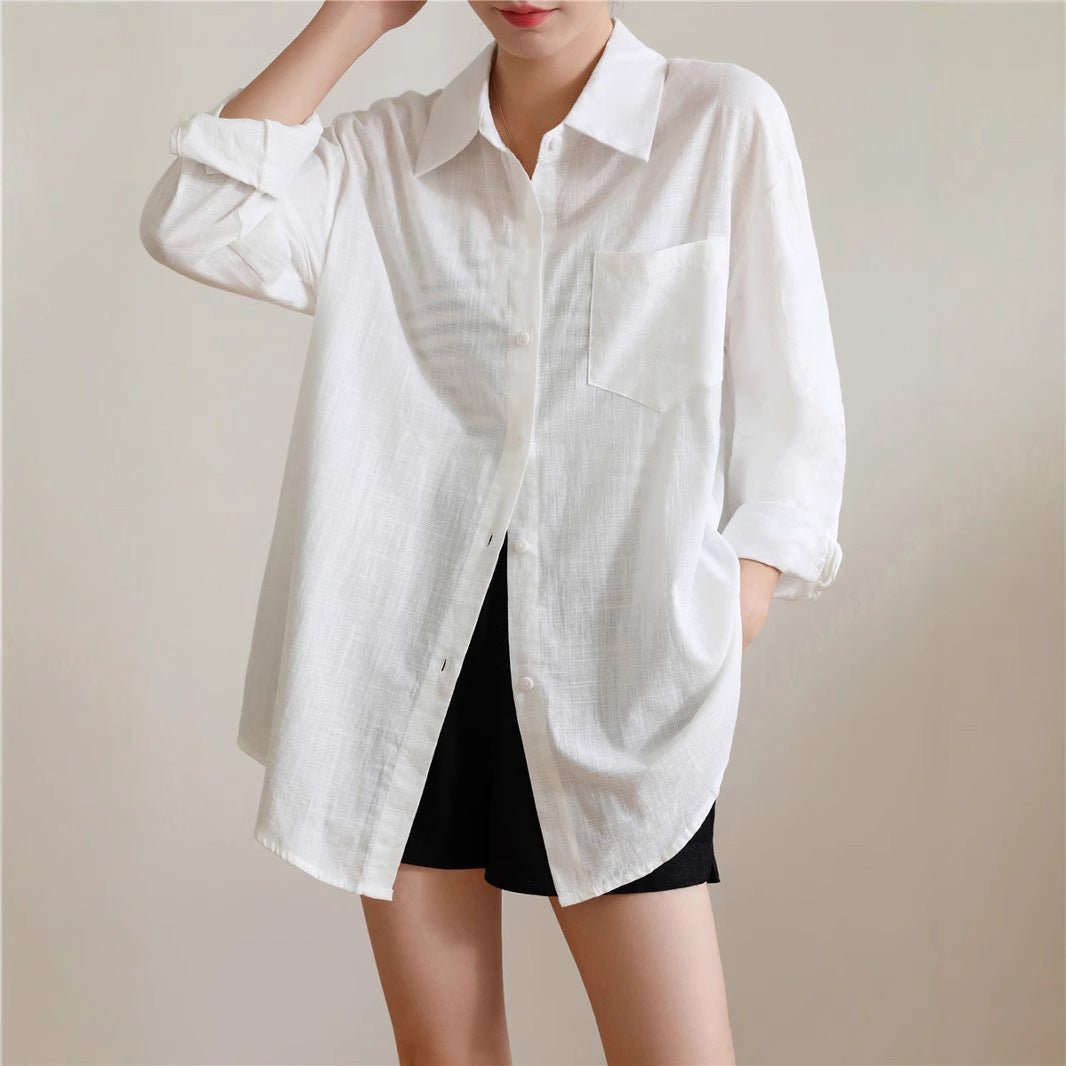 Sunscreen Cardigan Summer Thin Loose French - style Cotton - Linen White Shirt - LADYLINE X