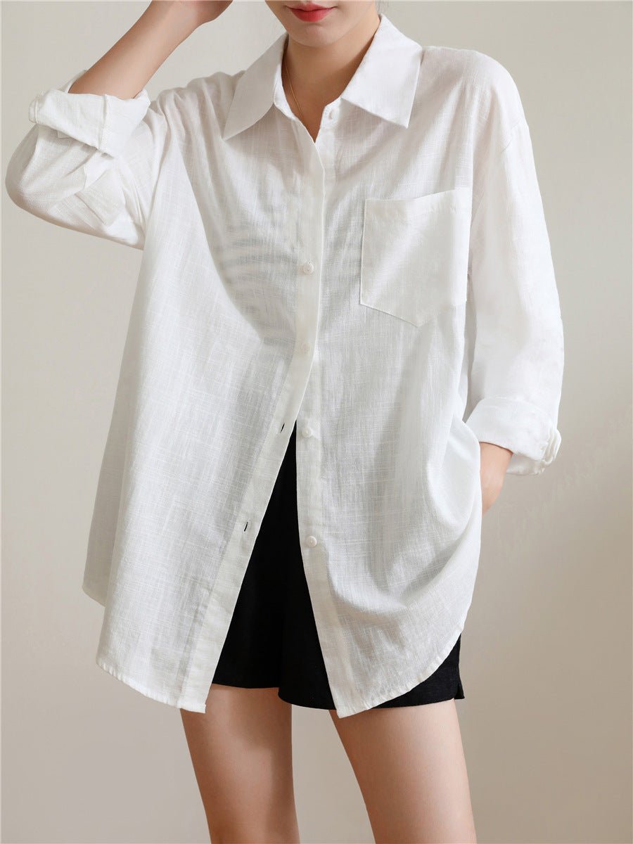 Sunscreen Cardigan Summer Thin Loose French - style Cotton - Linen White Shirt - LADYLINE X