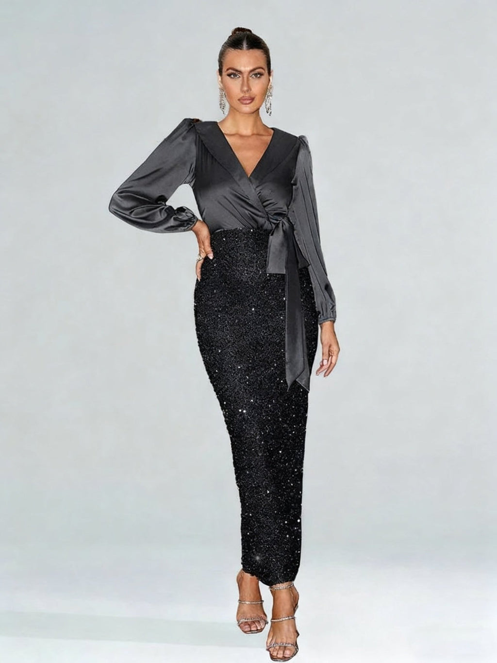 Surplice Neck Knot Side Split Back Sequin Dress Black Elegant Long Sleeve Formal Evening Prom Wedding Guest Gown For Graduation Dinner Party Dress - LADYLINE X
