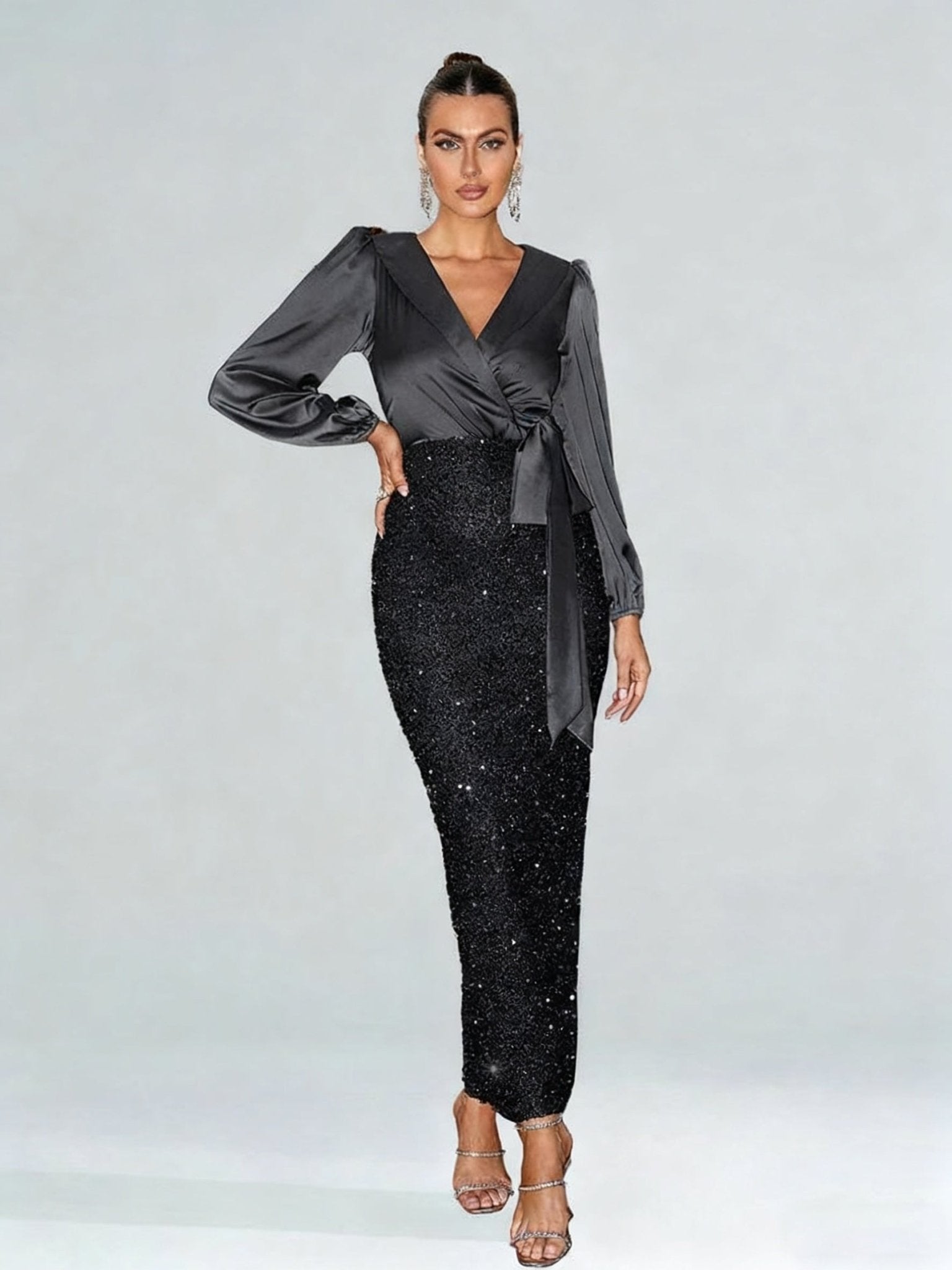 Surplice Neck Knot Side Split Back Sequin Dress Black Elegant Long Sleeve Formal Evening Prom Wedding Guest Gown For Graduation Dinner Party Dress - LADYLINE X