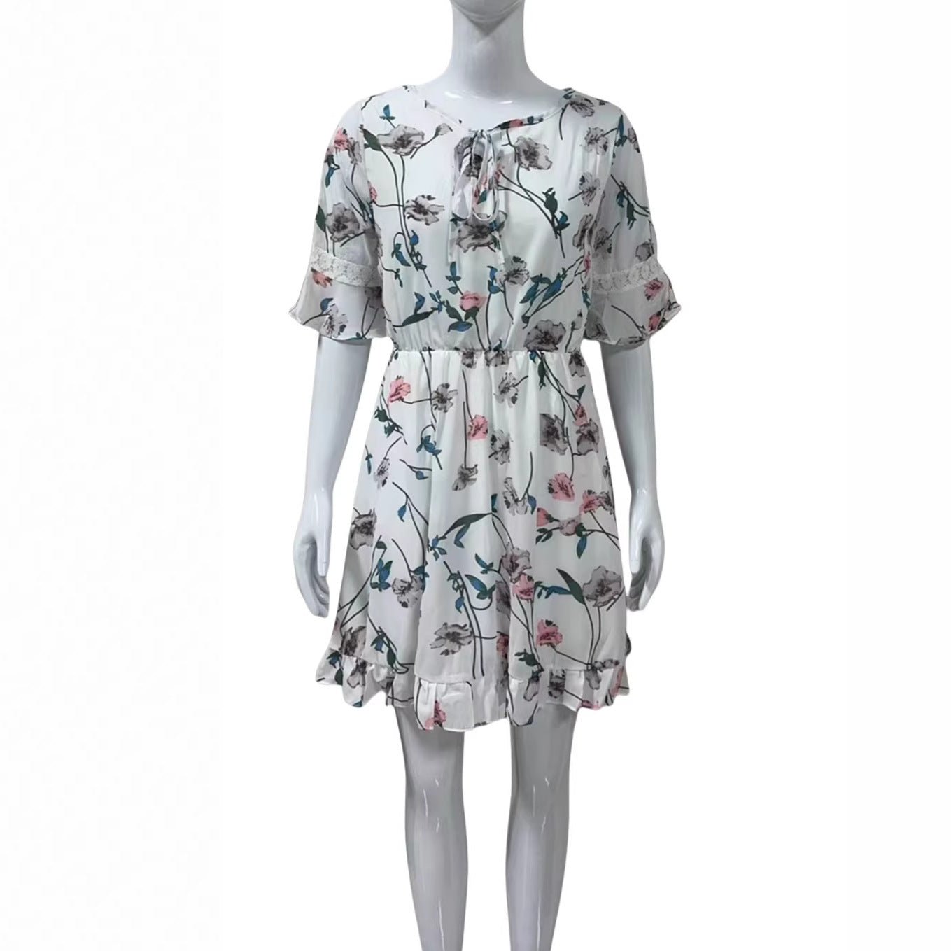 V - neck Lace - up Floral Print Dress Womens Clothing - LADYLINE X