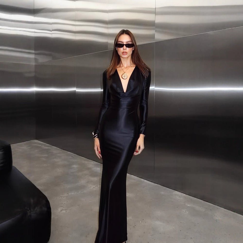 V - neck Satin - gloss Silk Evening Gown Dress - LADYLINE X