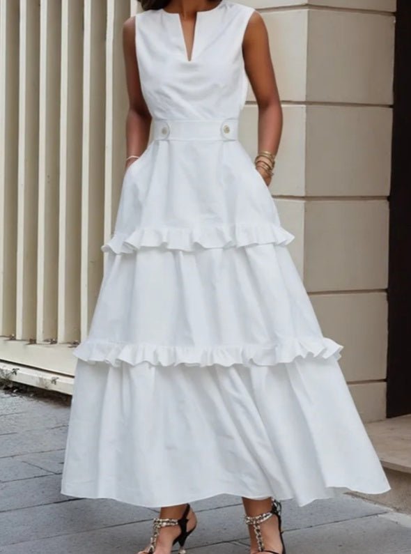 V - neck Sleeveless Fitted Waist Ruffle Dress - LADYLINE X