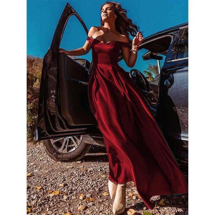V - Neck Solid Color Long Vintage Gown Dress - LADYLINE X