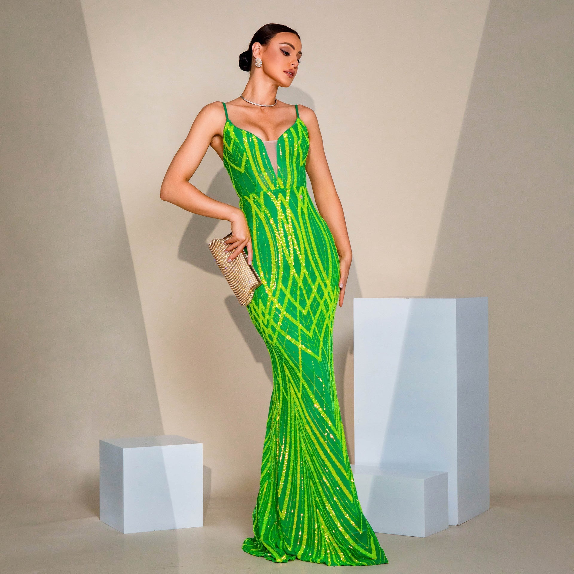 V - neck Strap Sequined Fishtail Evening Dress - LADYLINE X