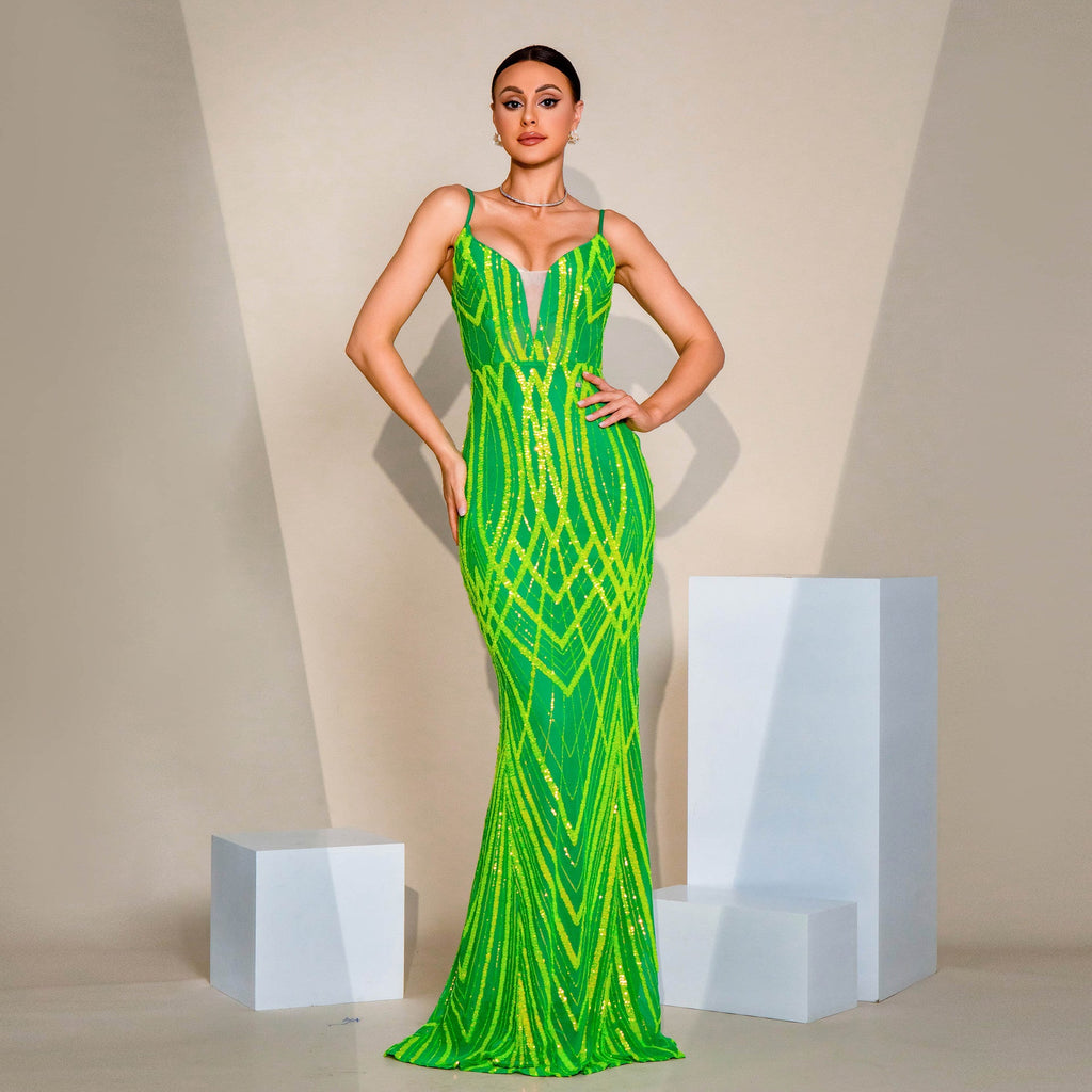 V - neck Strap Sequined Fishtail Evening Dress - LADYLINE X