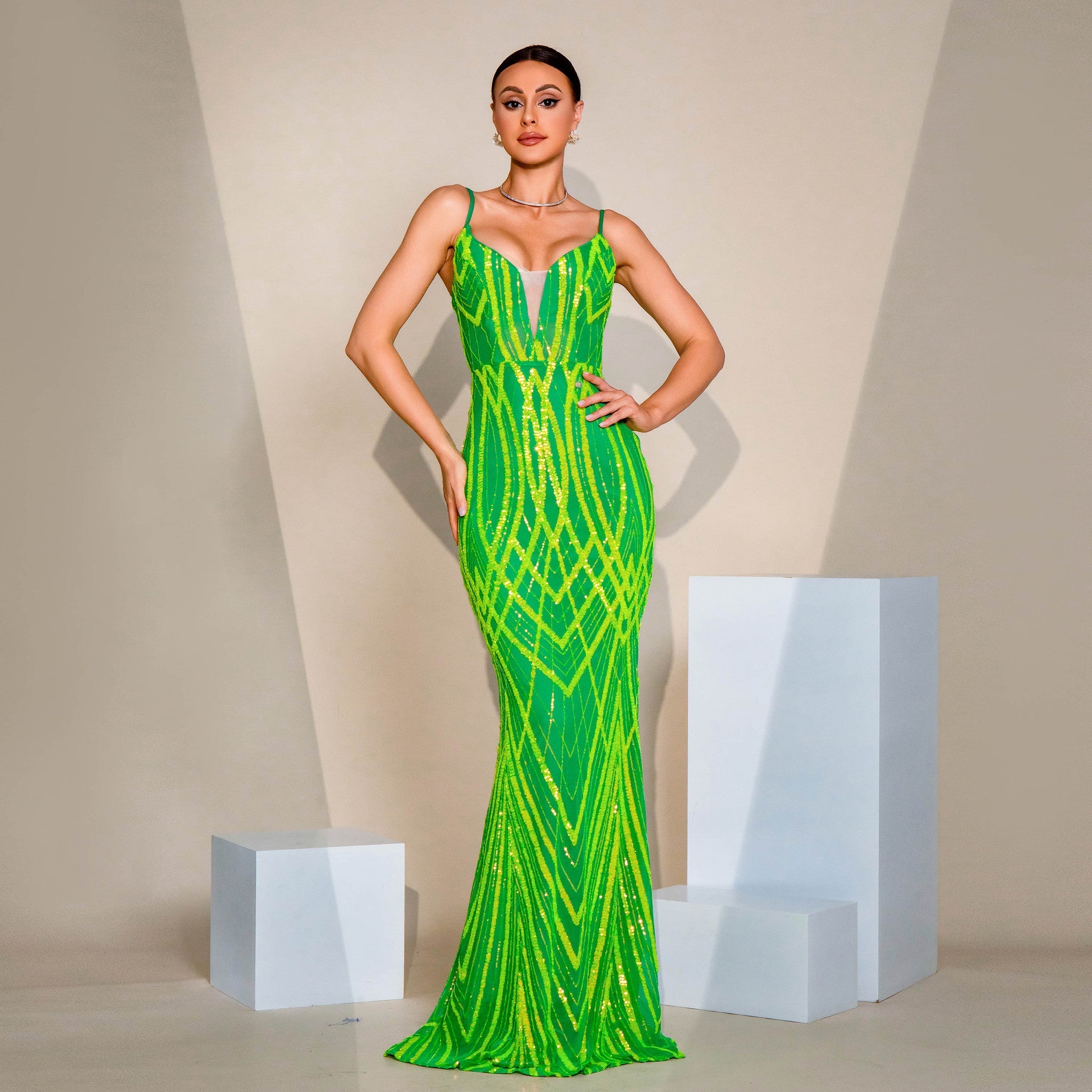 V - neck Strap Sequined Fishtail Evening Dress - LADYLINE X