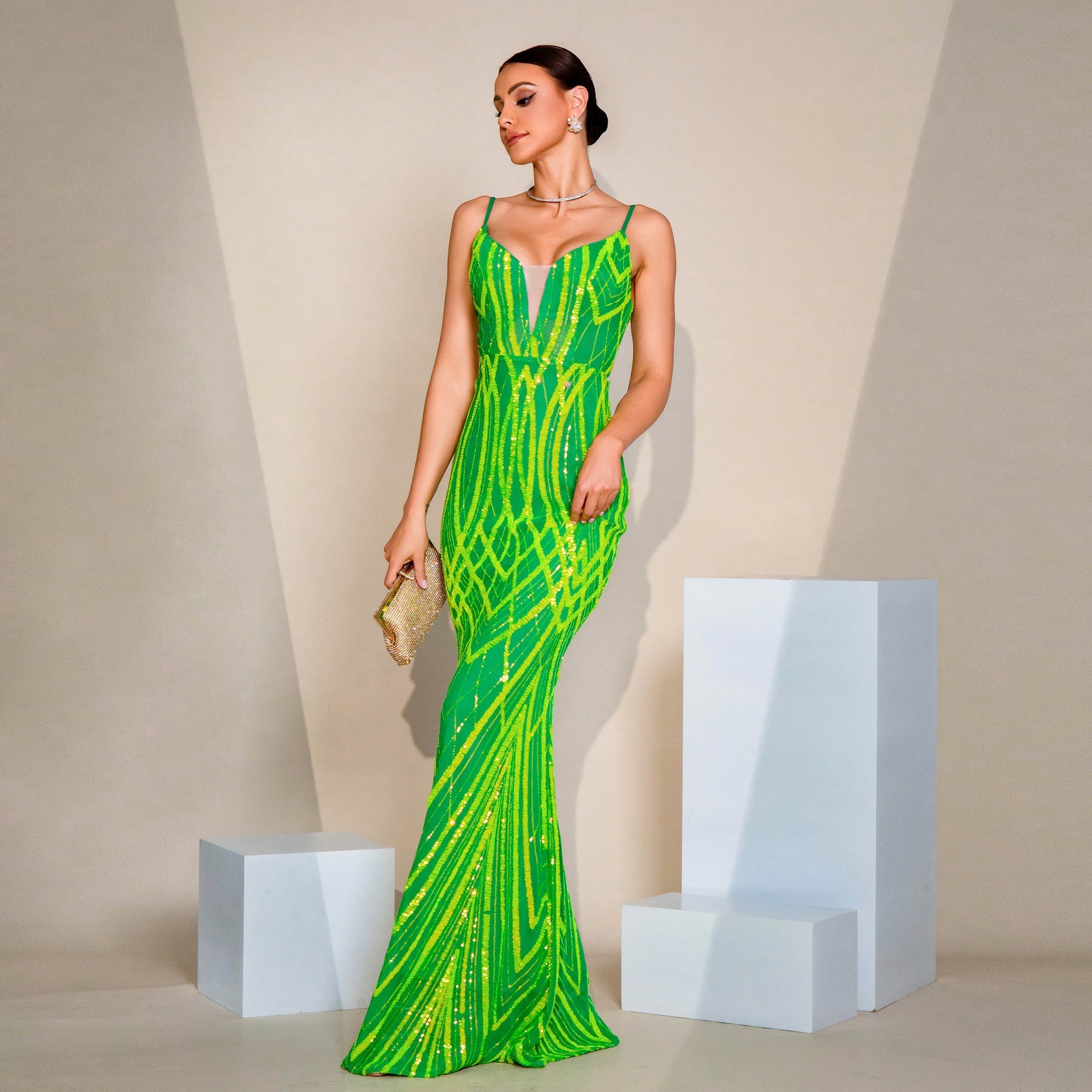 V - neck Strap Sequined Fishtail Evening Dress - LADYLINE X