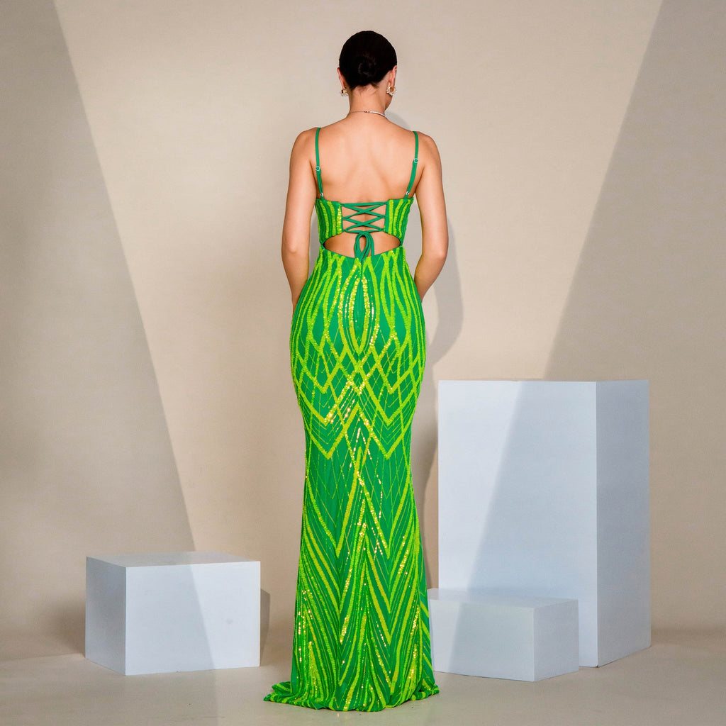 V - neck Strap Sequined Fishtail Evening Dress - LADYLINE X