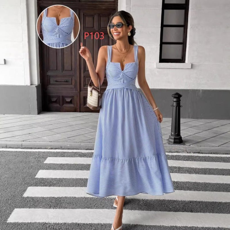 V - neck Striped Spaghetti Straps Dress - LADYLINE X