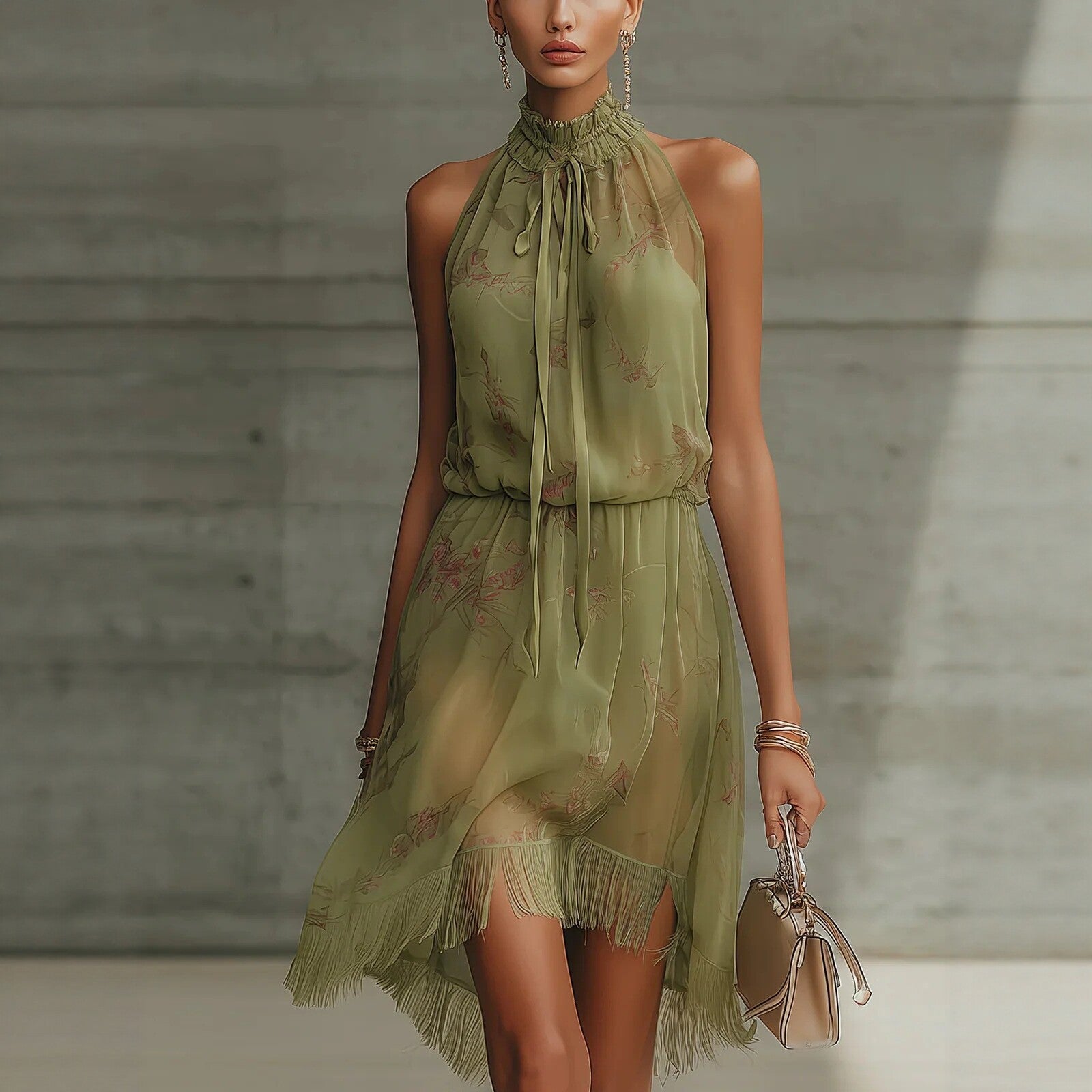 V - neck Waist Trimming Ruffles Elegant Dress - LADYLINE X