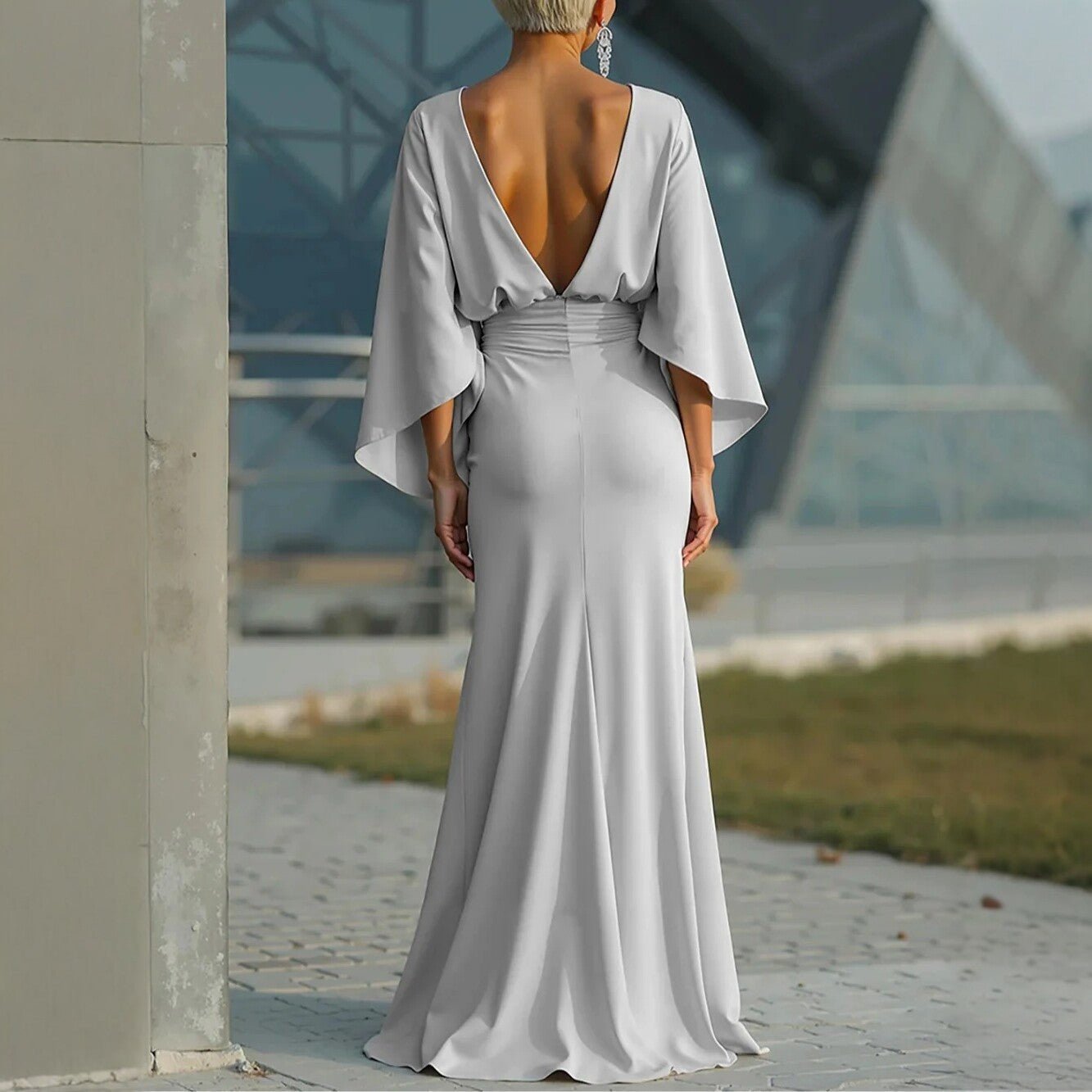 V - neck Waist Trimming Ruffles Elegant Dress - LADYLINE X