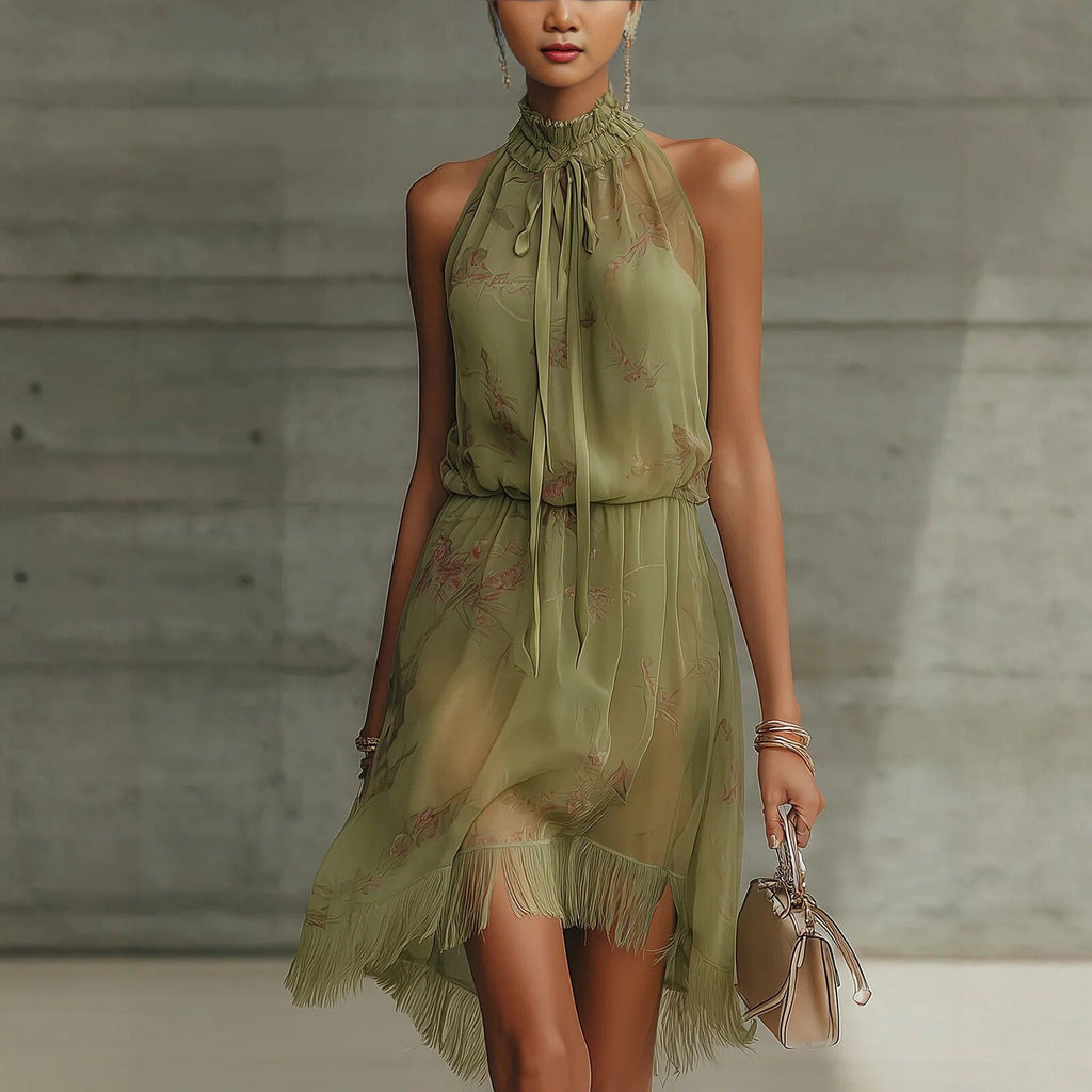 V - neck Waist Trimming Ruffles Elegant Dress - LADYLINE X
