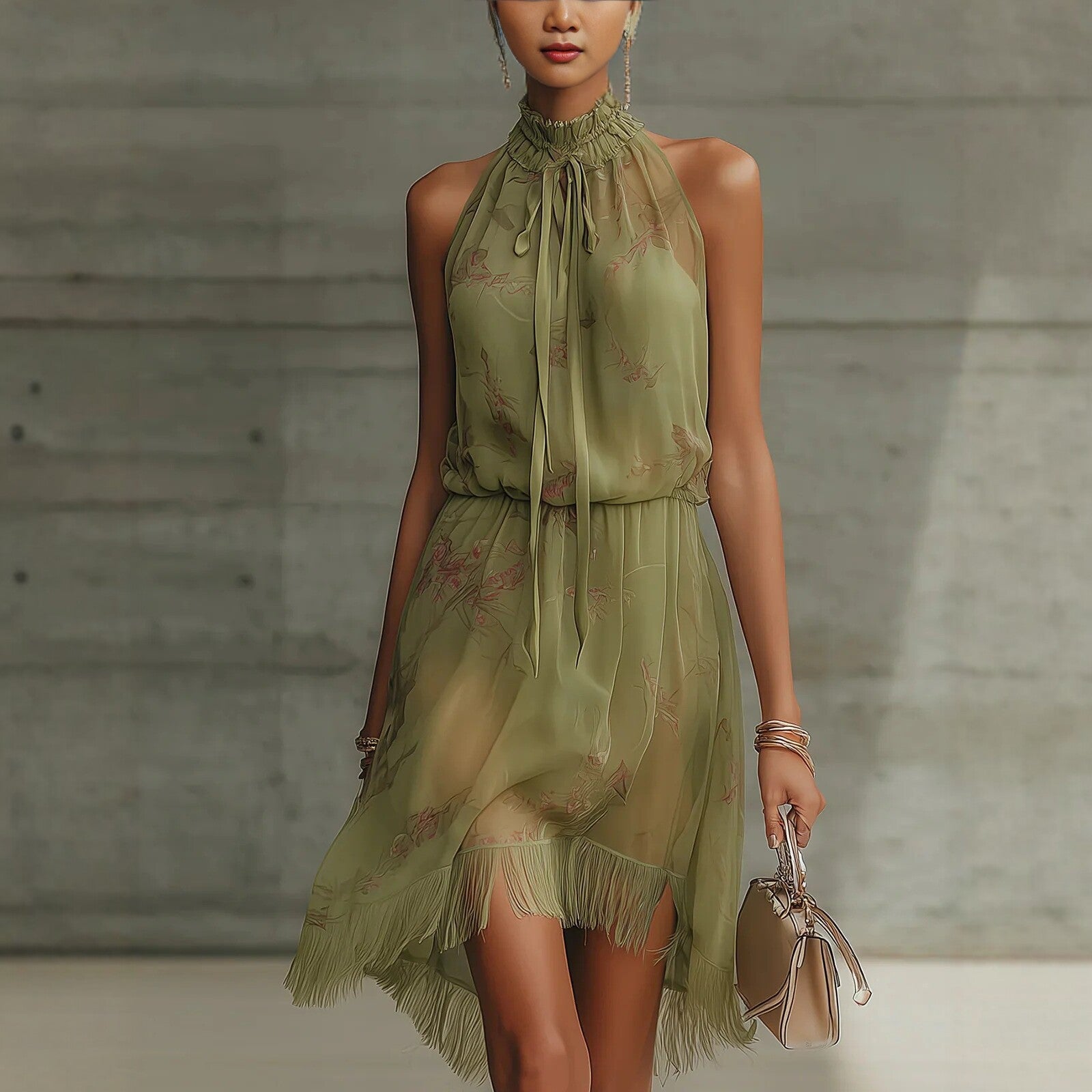 V - neck Waist Trimming Ruffles Elegant Dress - LADYLINE X