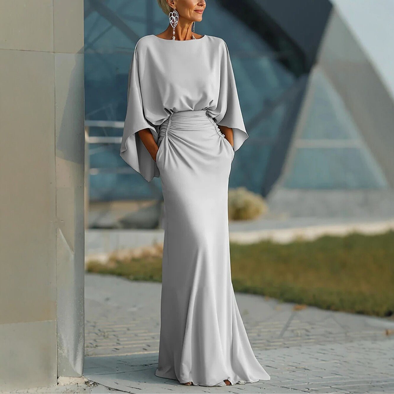 V - neck Waist Trimming Ruffles Elegant Dress - LADYLINE X