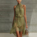 V - neck Waist Trimming Ruffles Elegant Dress - LADYLINE X