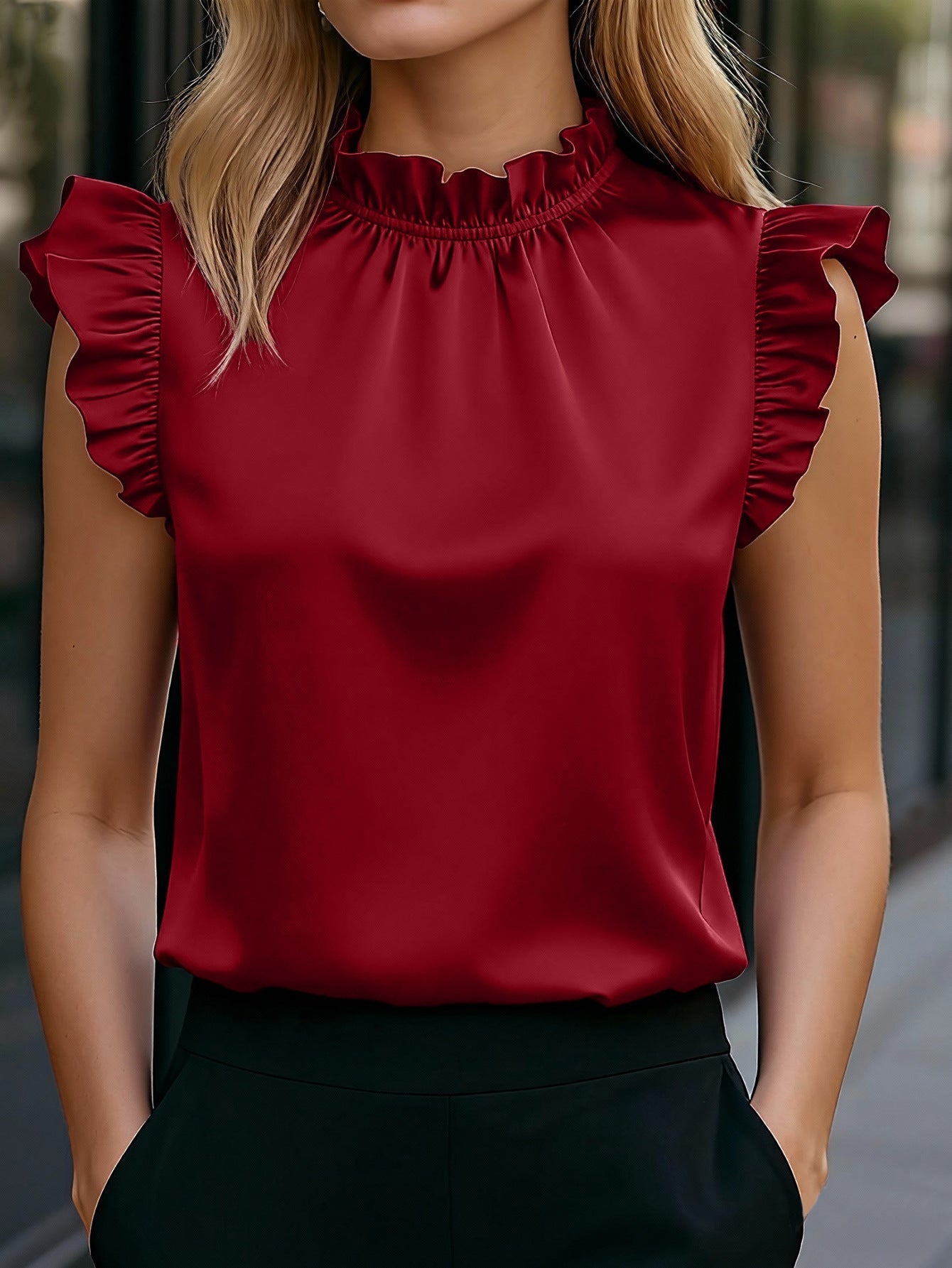 Versatile Commuter Shirt With Bishop Sleeves And A Ruffled Stand Collar - LADYLINE X