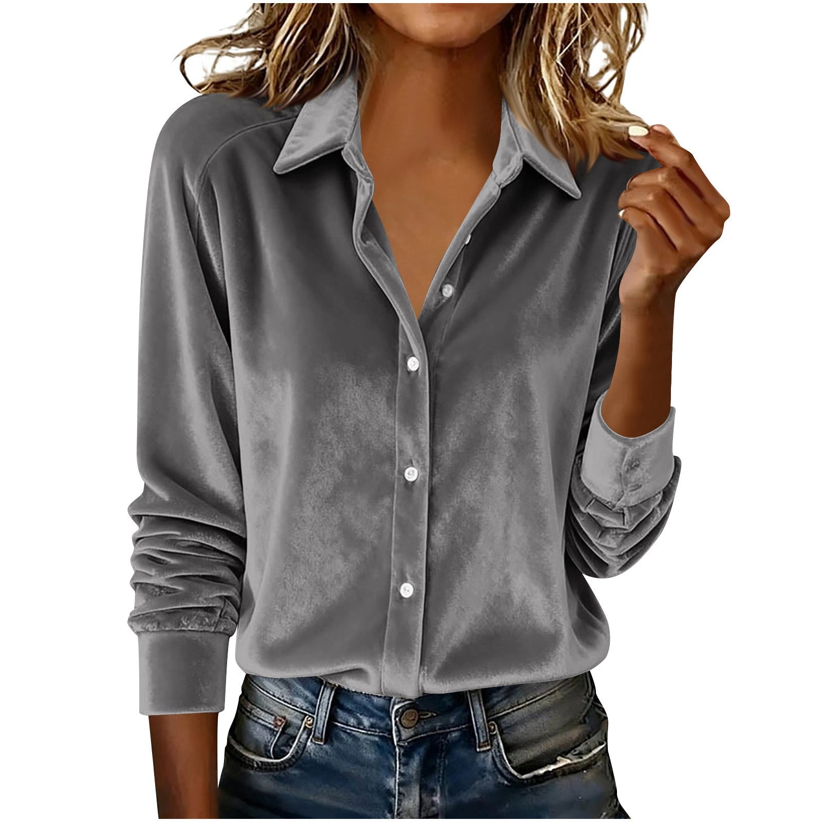 Versatile Solid - color Gold - velvet Shirt With A Lapel Collar - LADYLINE X