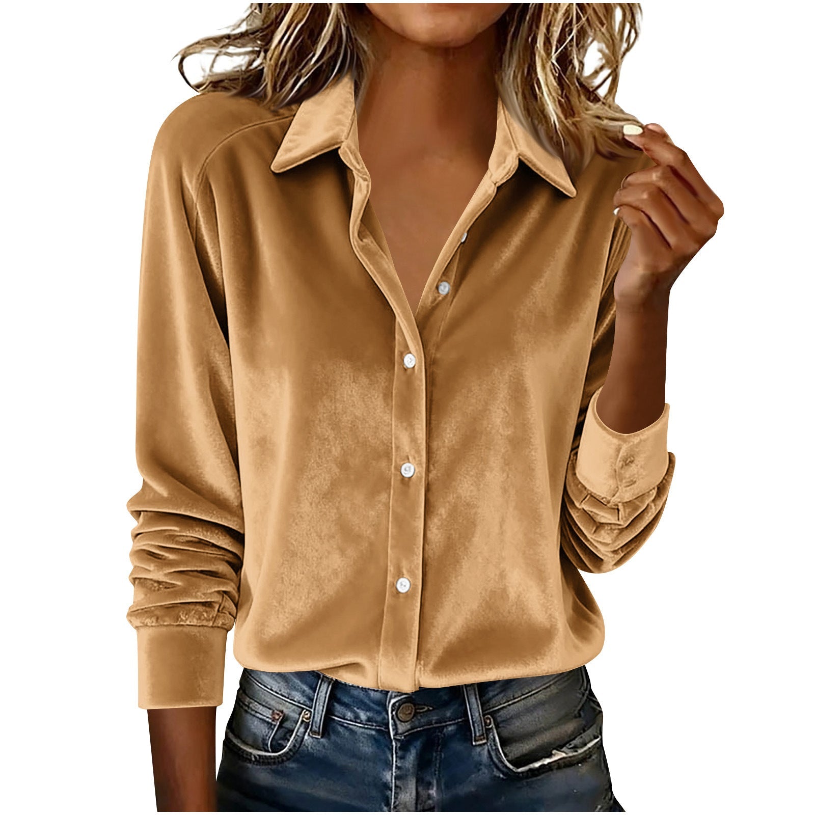 Versatile Solid - color Gold - velvet Shirt With A Lapel Collar - LADYLINE X