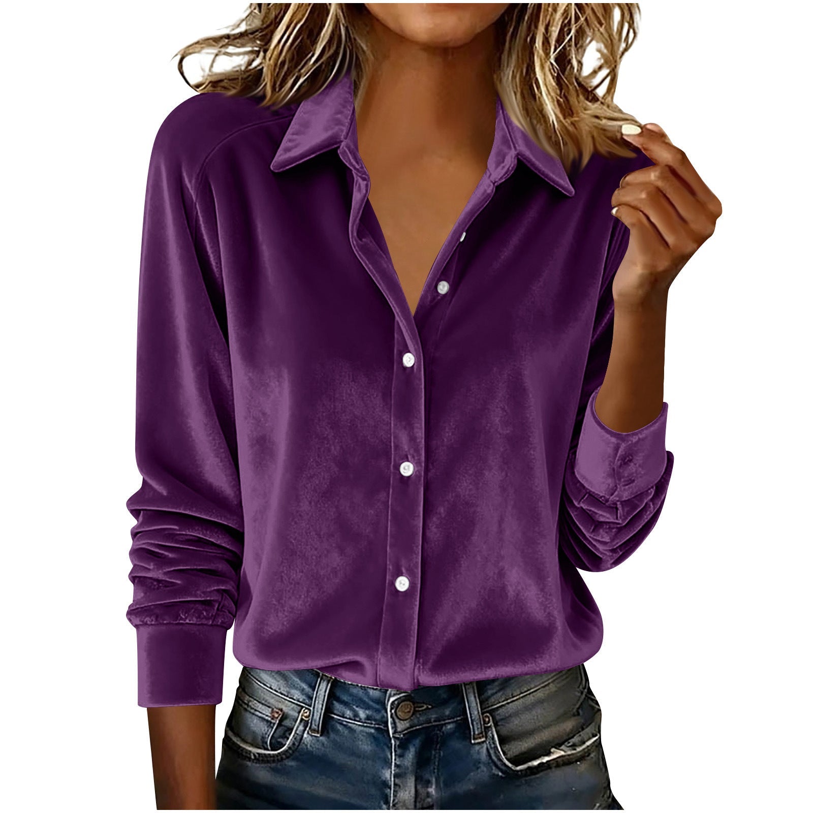 Versatile Solid - color Gold - velvet Shirt With A Lapel Collar - LADYLINE X