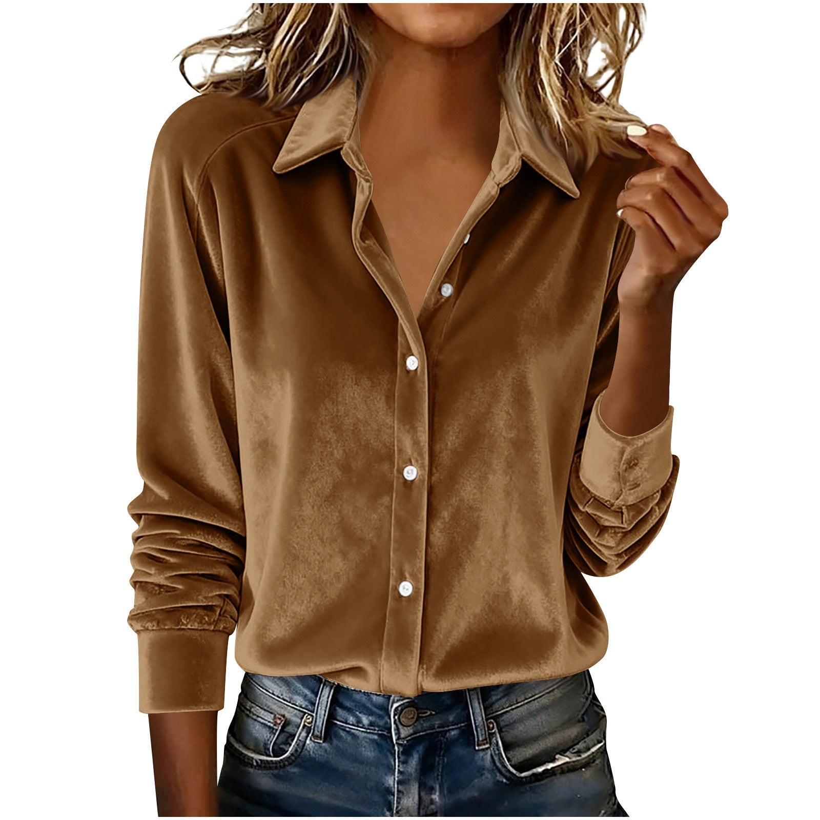 Versatile Solid - color Gold - velvet Shirt With A Lapel Collar - LADYLINE X