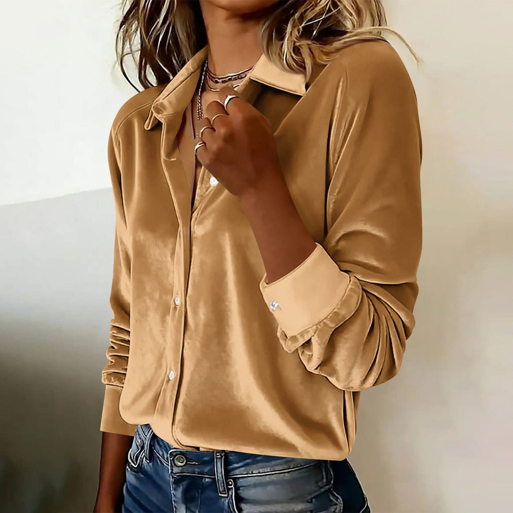 Versatile Solid - color Gold - velvet Shirt With A Lapel Collar - LADYLINE X