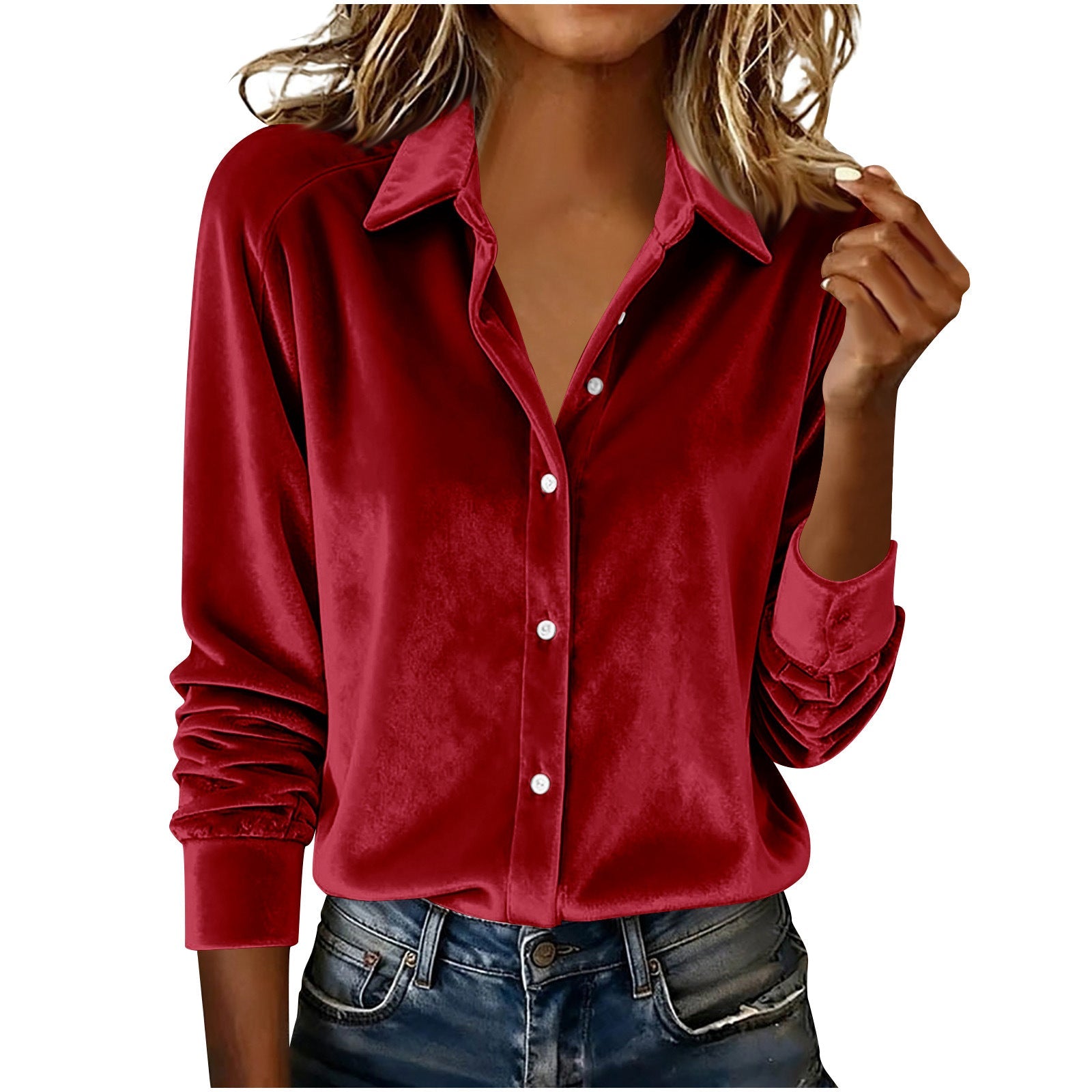 Versatile Solid - color Gold - velvet Shirt With A Lapel Collar - LADYLINE X