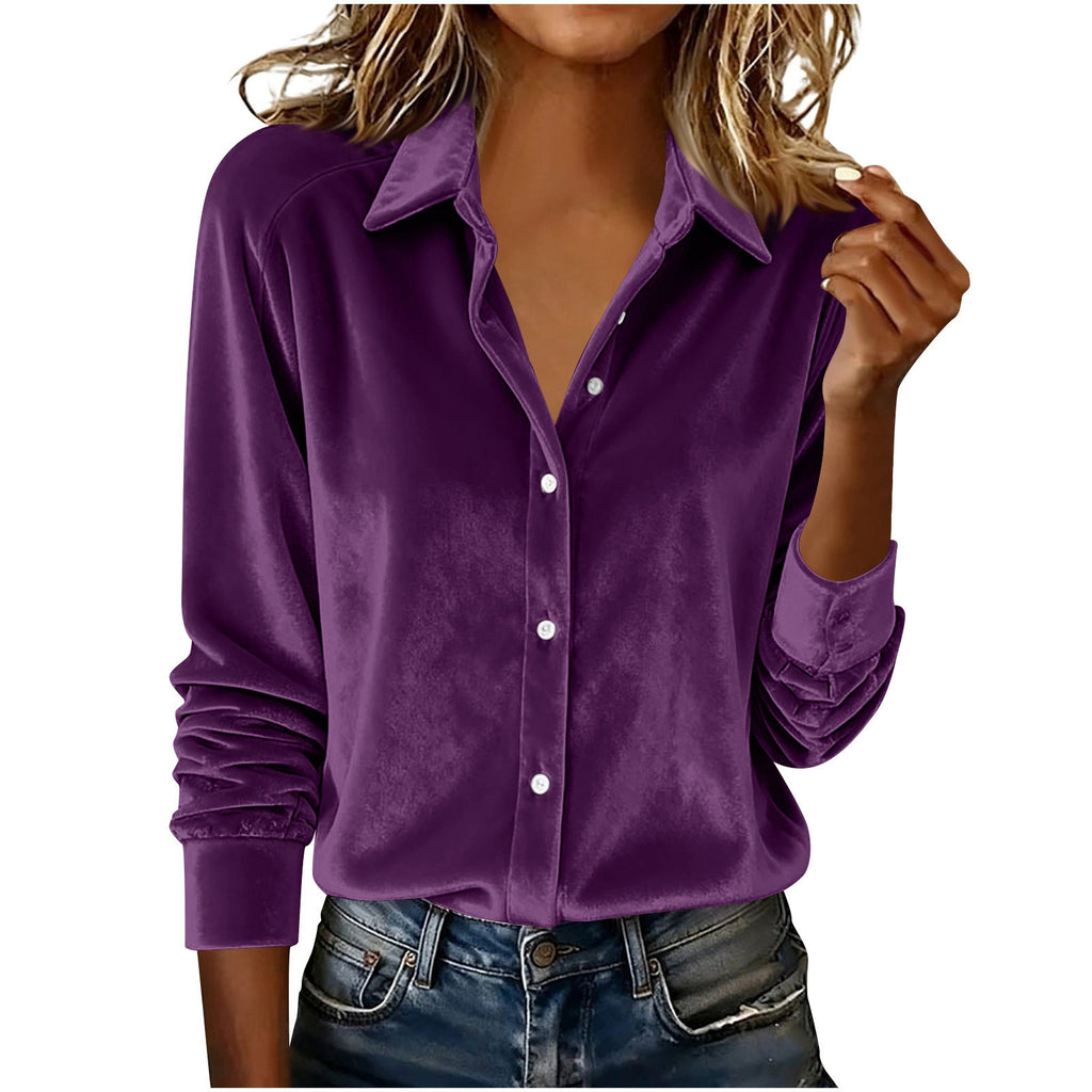 Versatile Solid - color Gold - velvet Shirt With A Lapel Collar - LADYLINE X