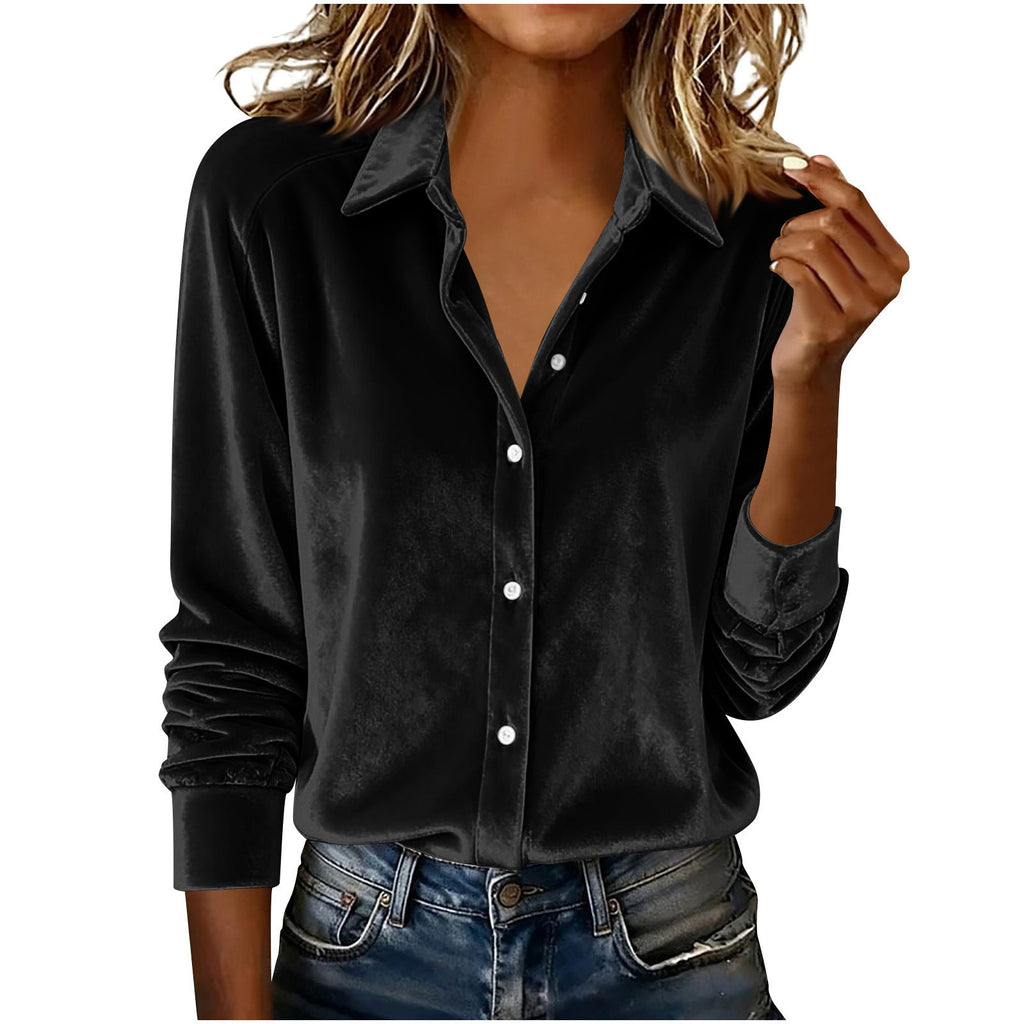 Versatile Solid - color Gold - velvet Shirt With A Lapel Collar - LADYLINE X