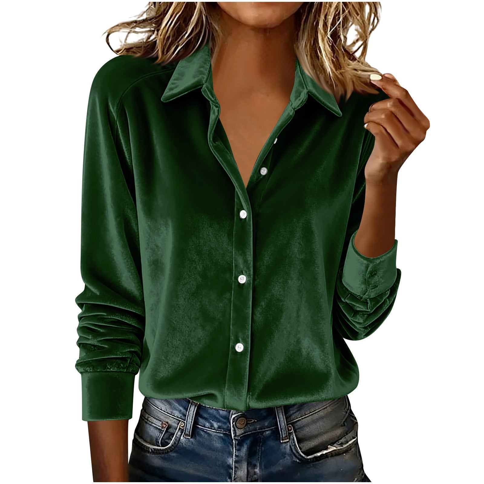 Versatile Solid - color Gold - velvet Shirt With A Lapel Collar - LADYLINE X
