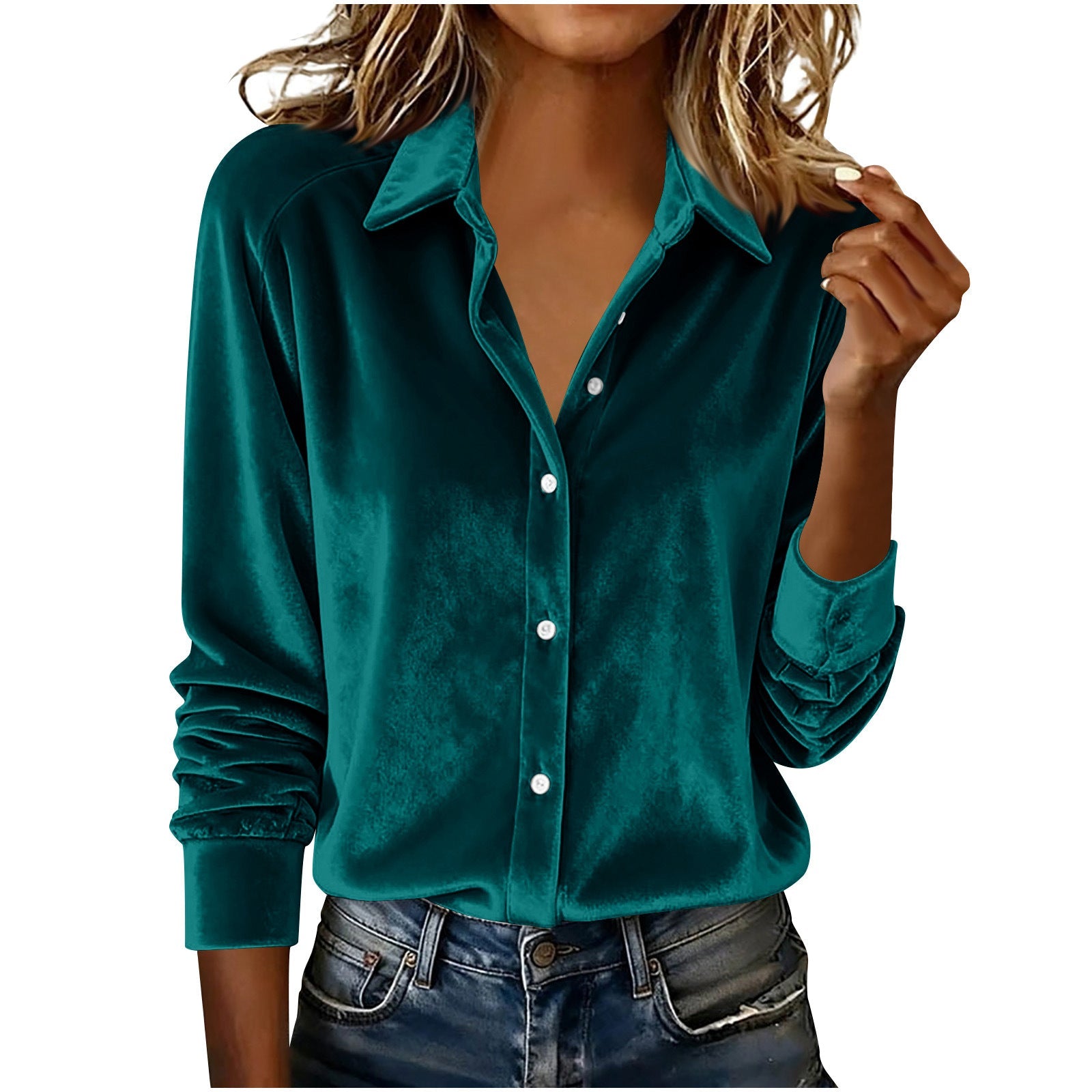 Versatile Solid - color Gold - velvet Shirt With A Lapel Collar - LADYLINE X