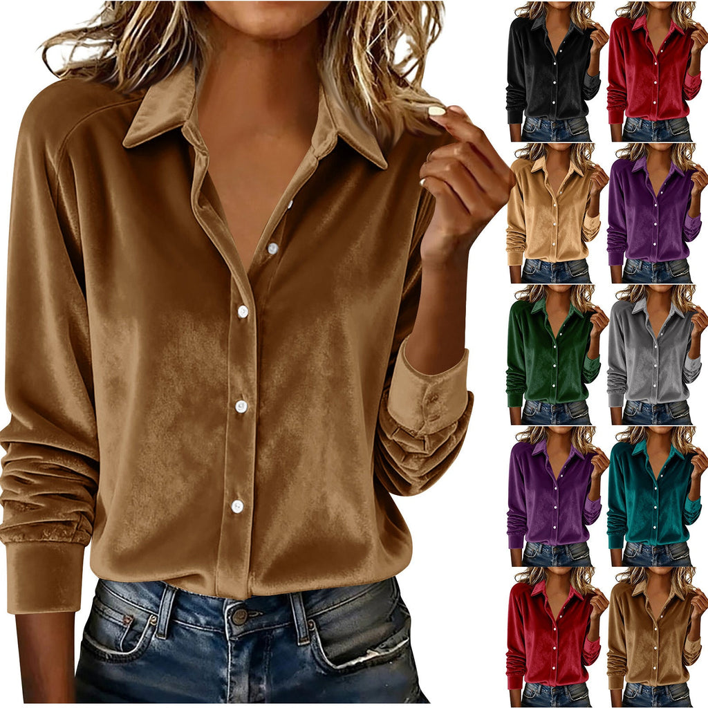 Versatile Solid - color Gold - velvet Shirt With A Lapel Collar - LADYLINE X