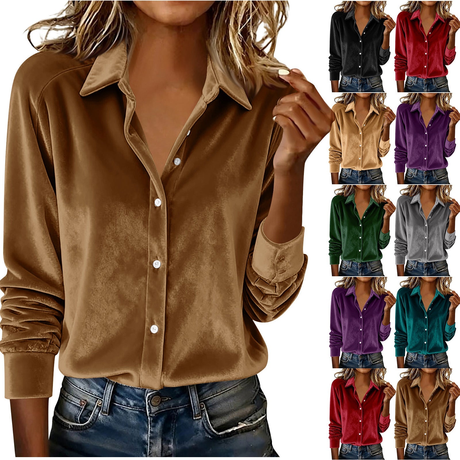 Versatile Solid - color Gold - velvet Shirt With A Lapel Collar - LADYLINE X