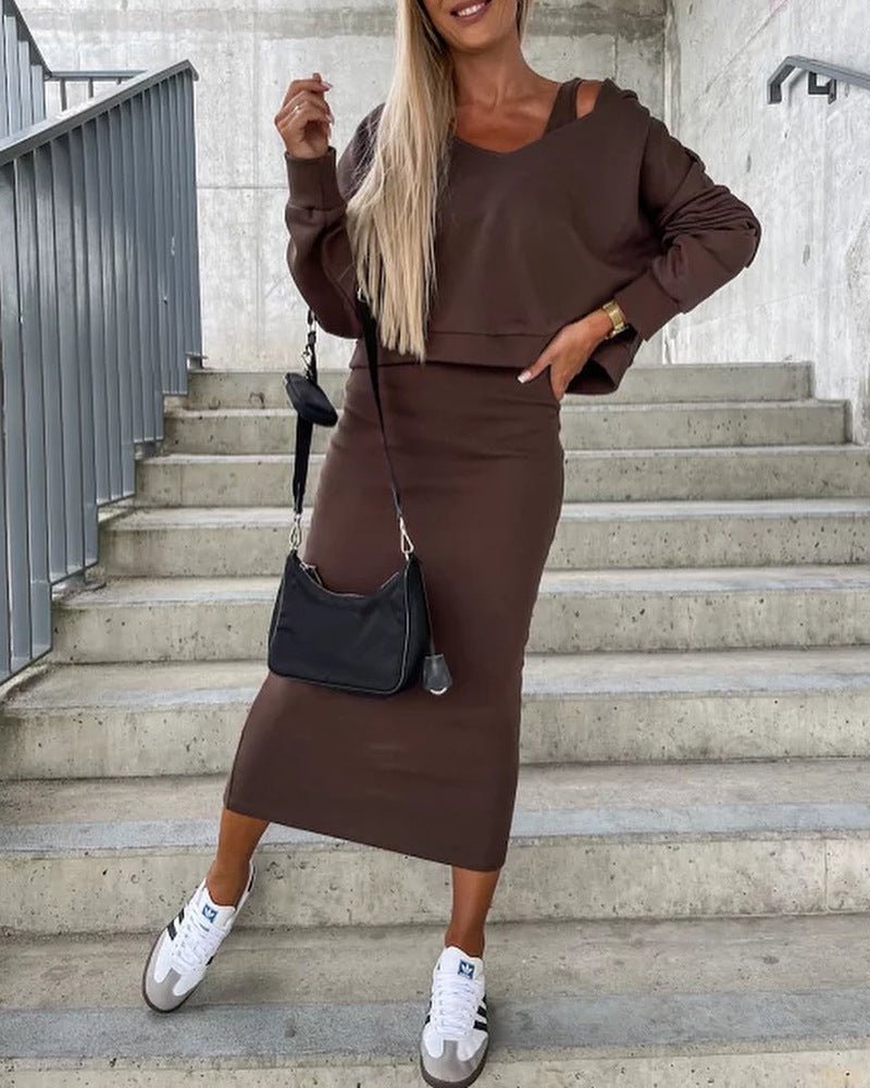 Vest Dress V - neck Hooded Hoodie Short Top Suit - LADYLINE X