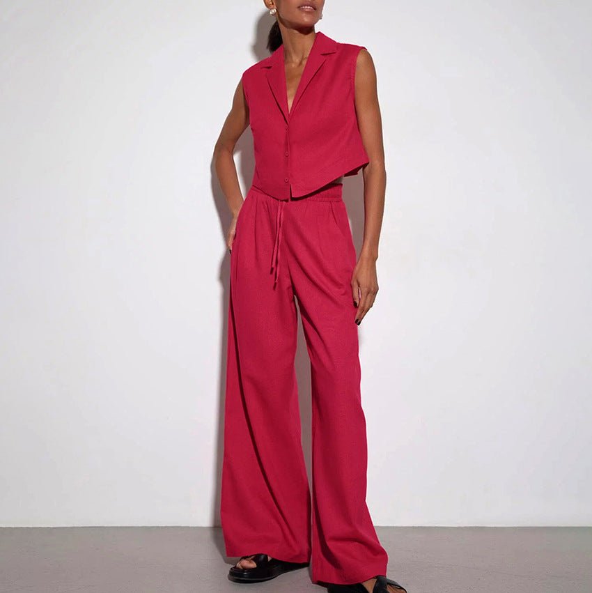 Vest High Waist Wide Leg Pants Suit Solid Color - LADYLINE X