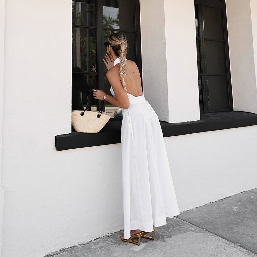 White Cotton Sleeveless Halter Dress - LADYLINE X