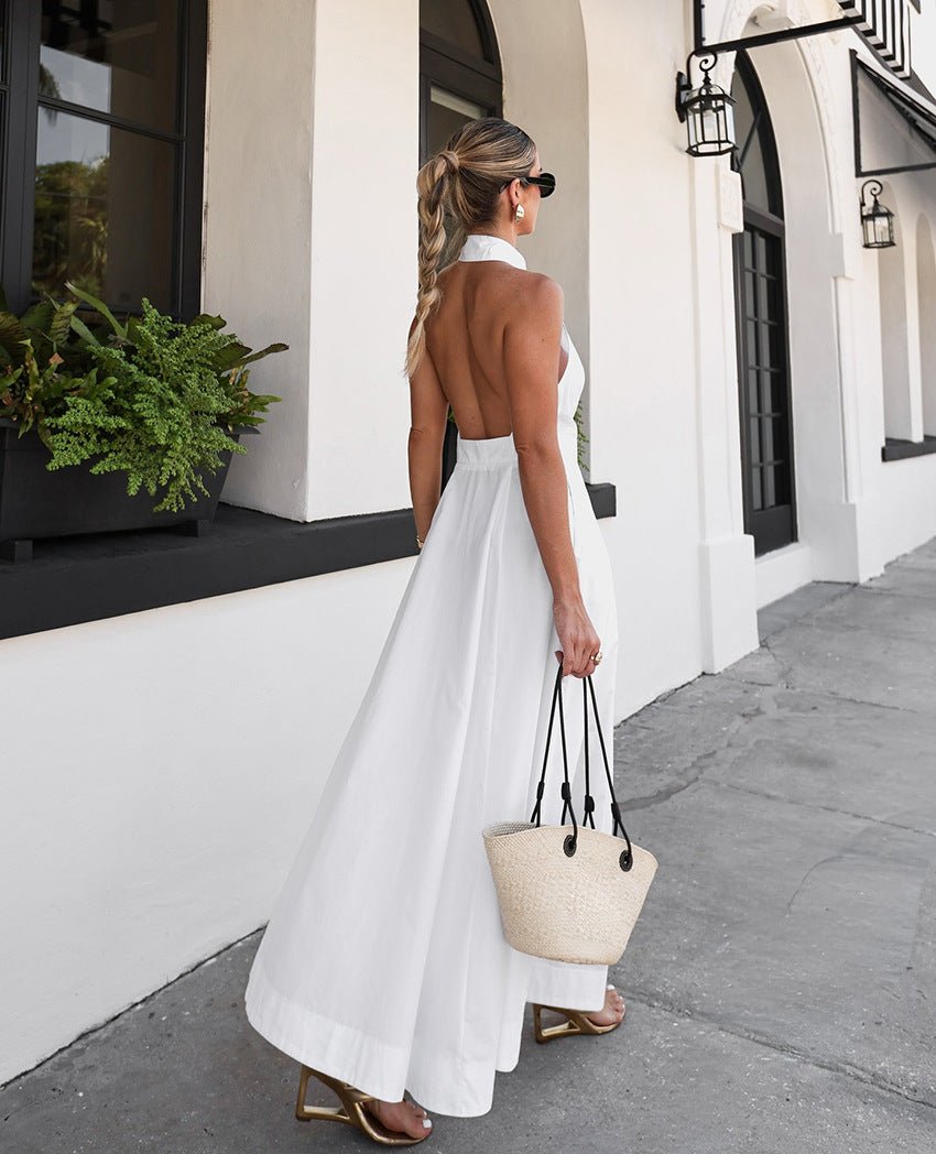 White Cotton Sleeveless Halter Dress - LADYLINE X