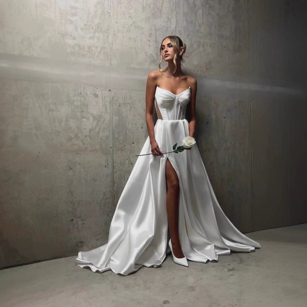 White Satin Slit Pocket Bandage Wedding Dress - LADYLINE X