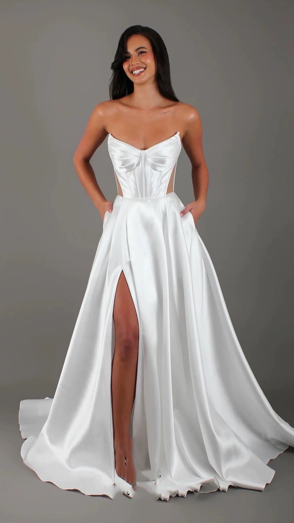 White Satin Slit Pocket Bandage Wedding Dress - LADYLINE X