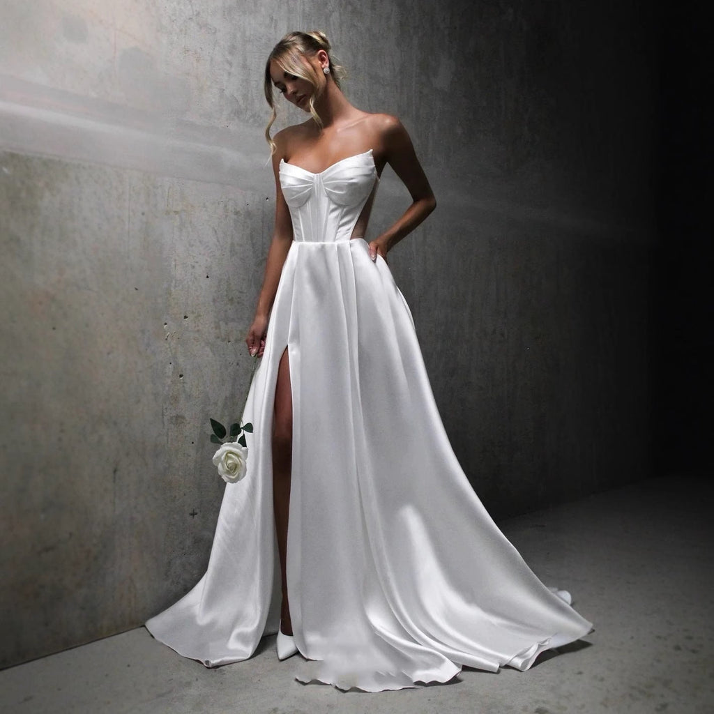 White Satin Slit Pocket Bandage Wedding Dress - LADYLINE X